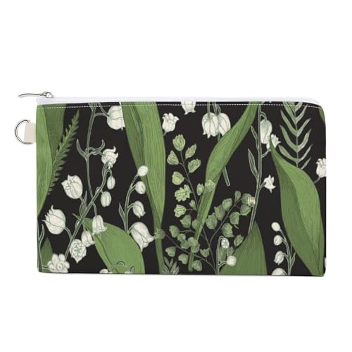Weiche Clutch, Damenhandtasche aus Segeltuch mit Reißverschluss, Kosmetiktasche, Geldbörse für Kreditkarten, Münzen und Scheine, 19,8 x 11,7 cm, Aufdruck: Grün-Weiß, Maiglöckchen mit Farnblättern auf von Anceky