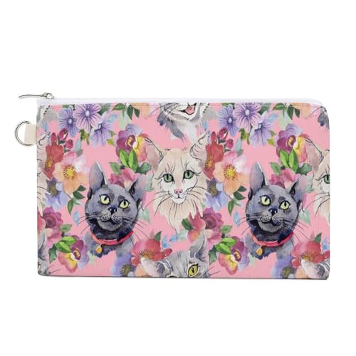 Weiche Clutch, Damenhandtasche aus Segeltuch mit Reißverschluss, Kosmetiktasche, Geldbörse für Kreditkarten, Münzen und Scheine, 19,8 x 11,7 cm, Aufdruck: Lila-weiße Katzen, wilde Tiere mit Blumen auf von Anceky
