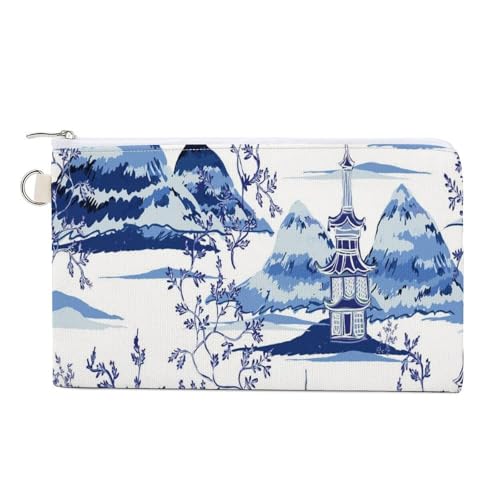 Weiche Clutch, Damenhandtasche aus Segeltuch mit Reißverschluss, Kosmetiktasche, Geldbörse für Kreditkarten, Münzen und Scheine, 19,8 x 11,7 cm, Aufdruck: Schöne chinesische Pagoden, Berge, Bäume im V von Anceky