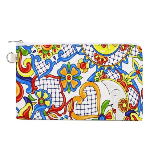 Weiche Clutch, Damenhandtasche aus Segeltuch mit Reißverschluss, Kosmetiktasche, Geldbörse für Kreditkarten, Münzen und Scheine, 19,8 x 11,7 cm, Aufdruck: bunt, mexikanische traditionelle Talavera-Ker von Anceky