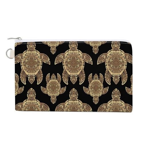 Weiche Clutch, Damenhandtasche aus Segeltuch mit Reißverschluss, Kosmetiktasche, Geldbörse für Kreditkarten, Münzen und Scheine, 19,8 x 11,7 cm, Aufdruck: goldene Meeresschildkröte mit indigenem Stamm von Anceky