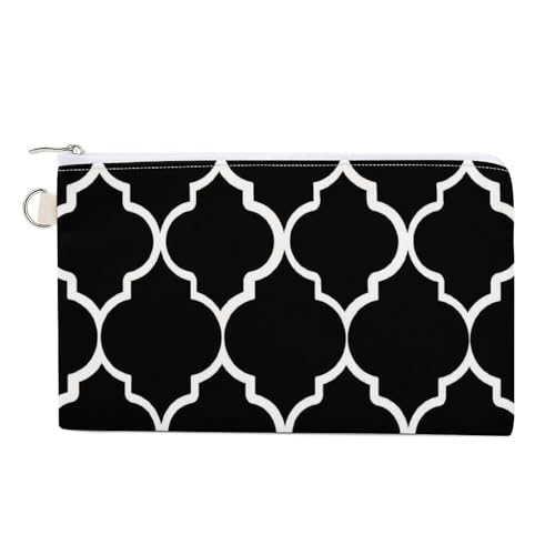 Weiche Clutch, Damenhandtasche aus Segeltuch mit Reißverschluss, Kosmetiktasche, Geldbörse für Kreditkarten, Münzen und Scheine, 19,8 x 11,7 cm, Druck: Nahtlose schwarze marokkanische Fliesen mit weiß von Anceky