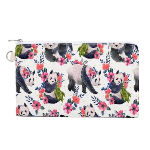 Weiche Clutch, Damenhandtasche aus Segeltuch mit Reißverschluss, Make-up-Tasche, Geldbörse für Kredit, Münzen, Scheine, Crash, 19,8 x 11,7 cm, Panda mit Blumen, Blättern, nahtlos auf Weiß von Anceky