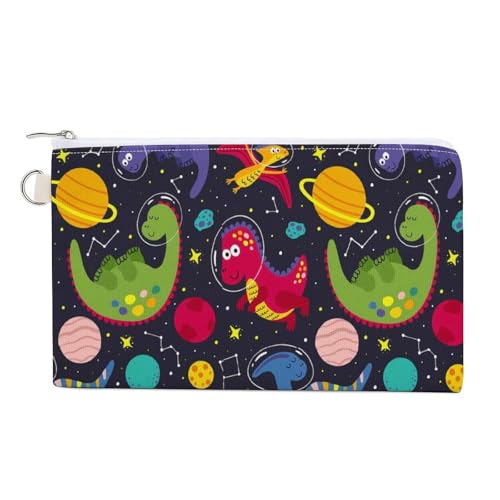 Weiche Clutch, Damenhandtasche aus Segeltuch mit Reißverschluss, Make-up-Tasche, Geldbörse für Kredit-, Münz- und Geldscheine, Crash 7,4 x 4,6 Zoll, Aufdruck: Bunte Dinosaurier im Galaxie-Weltraumuniv von Anceky