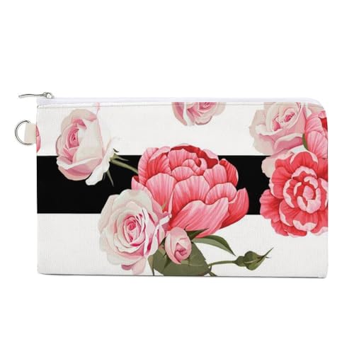 Weiche Clutch, Damenhandtasche aus Segeltuch mit Reißverschluss, Make-up-Tasche, Geldbörse für Kreditkarten, Münzen, Scheine, 19,8 x 11,7 cm, Aufdruck: Blumen, Pfingstrosen und Rosen auf schwarz-weiße von Anceky