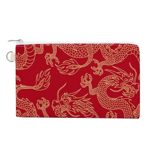 Weiche Clutch, Damenhandtasche aus Segeltuch mit Reißverschluss, Make-up-Tasche, Geldbörse für Kreditkarten, Münzen, Scheine, Crash, 19,8 x 11,7 cm, Aufdruck: Goldene chinesische Drachen auf rotem Hin von Anceky