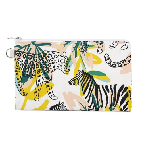Weiche Clutch, Damenhandtasche aus Segeltuch mit Reißverschluss, Make-up-Tasche, Geldbörse für Kreditkarten, Münzen, Scheine, Crash, 19,8 x 11,7 cm, Aufdruck: tropischer Leopard, Zebratier, Palmenblät von Anceky