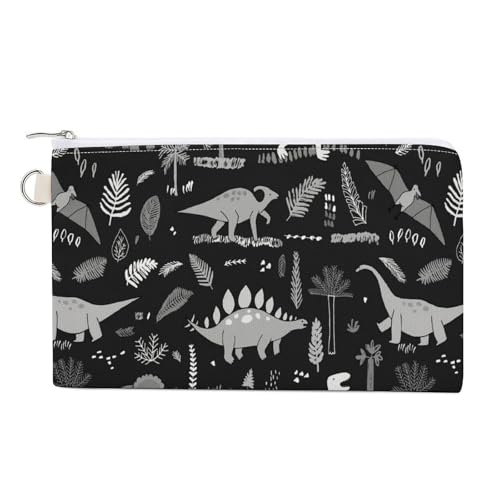 Weiche Clutch, Damenhandtasche aus Segeltuch mit Reißverschluss, Make-up-Tasche, Geldbörse für Kreditkarten, Münzen und Scheine, 19,8 x 11,7 cm, Aufdruck: Nahtlose Dinosaurier mit Palmblättern, schwar von Anceky