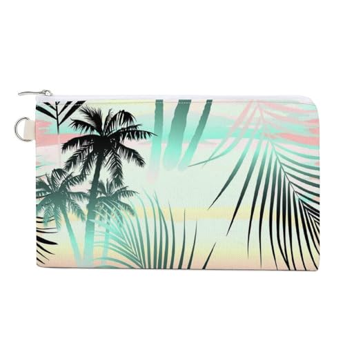 Weiche Clutch, Damenhandtasche aus Segeltuch mit Reißverschluss, Make-up-Tasche, Geldbörse für Kreditkarten, Münzen und Scheine, 19,8 x 11,7 cm, Aufdruck: Schwarze tropische Sommerpalmenblätter auf tü von Anceky