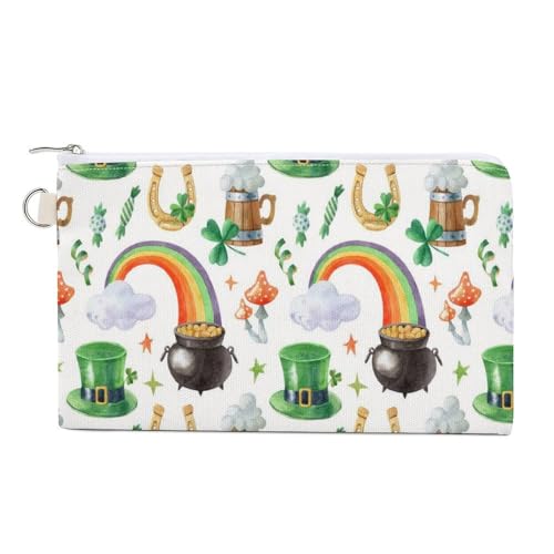 Weiche Clutch, Damenhandtasche aus Segeltuch mit Reißverschluss, Make-up-Tasche, Geldbörse für Kreditkarten, Münzen und Scheine, 19,8 x 11,7 cm, Aufdruck: St. Patrick's Shamrock, Koboldhut, Topf voll von Anceky