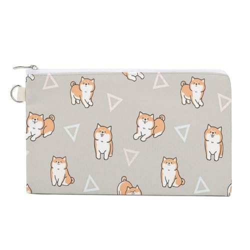Weiche Clutch, Damenhandtasche aus Segeltuch mit Reißverschluss, Make-up-Tasche, Geldbörse für Kreditkarten, Münzen und Scheine, 19,8 x 11,7 cm, Aufdruck: niedlicher Cartoon-Shiba-Inu-Hund, geometrisc von Anceky