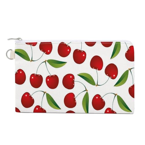 Weiche Clutch, Damenhandtasche aus Segeltuch mit Reißverschluss, Make-up-Tasche, Geldbörse für Kreditkarten, Münzen und Scheine, Crash 7,4 x 4,6 Zoll, Aufdruck: Nahtlose rote Kirschen mit grünen Blätt von Anceky