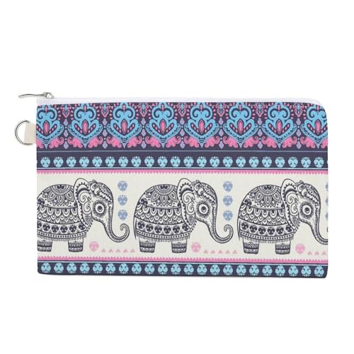 Weiche Clutch-Geldbörse, Damenhandtasche aus Segeltuch mit Reißverschluss, Make-up-Tasche, Geldbörse für Kreditkarten, Münzen, Scheine, 19,8 x 11,7 cm, Druck: Nahtloser Lotus, süßer ethnischer Elefant von Anceky