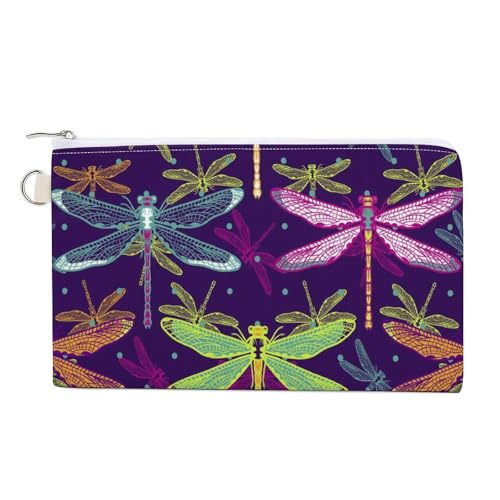 Weiche Clutch-Geldbörse, Damenhandtasche aus Segeltuch mit Reißverschluss, Make-up-Tasche, Geldbörse für Kreditkarten, Münzen, Scheine, Crash, 19,8 x 11,7 cm, Druck: bunte Libellen, nahtlos auf Lila von Anceky