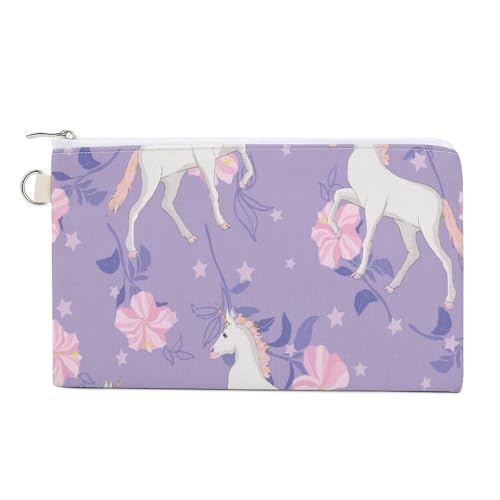 Weiche Clutch-Geldbörse, Damenhandtasche aus Segeltuch mit Reißverschluss, Make-up-Tasche, Geldbörse für Kreditkarten, Münzen und Scheine, 19,8 x 11,7 cm, Aufdruck: weiße Einhörner, rosa Blumen, Stern von Anceky