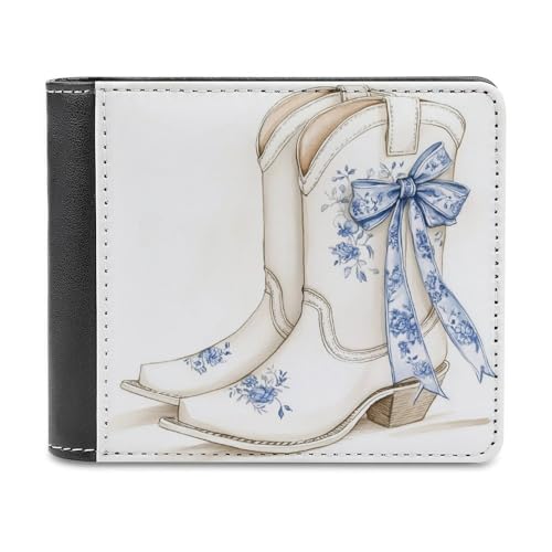Weiße Cowgirl-Stiefel mit blauer Chinoiserie, weiches PU-Leder, zweifach faltbare Geldbörse, Münzbörse, Kreditkartenetui, langlebiger Kartenhalter, schmale Brieftasche für Männer und Frauen, Geldaufbe Weiße Cowgirl-Stiefel mit blauer Chinoiserie, weiches PU-Leder, zweifach faltbare Geldbörse, Münzbörse, Kreditkartenetui, langlebiger Kartenhalter, schmale Brieftasche für Männer und Frauen, Geldaufbe von Anceky