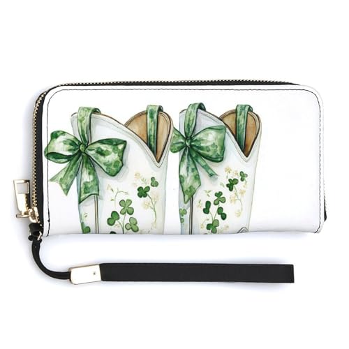 Weiße Cowgirl-Stiefel mit grünem Kleeblatt-Muster, langes, zweifach gefaltetes Portemonnaie aus PU-Leder, Münzbörse, Kreditkartenetui, robuster Kartenhalter, Geldaufbewahrung für Damen und Herren von Anceky