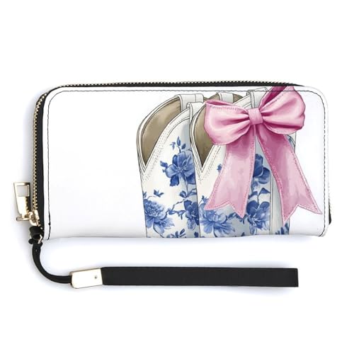 Weiße Cowgirl-Stiefel mit rosafarbener Kokettenschleife, langes, zweifach gefaltetes Portemonnaie aus PU-Leder, Münzbörse, Kreditkartenetui, langlebiger Kartenhalter, Geldaufbewahrung für Damen und He von Anceky