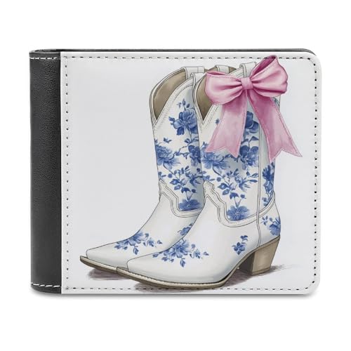 Weiße Cowgirl-Stiefel mit rosafarbener Kokettenschleife, weiches zweifach gefaltetes Portemonnaie aus PU-Leder, Münzbörse, Kreditkartenetui, langlebiger Kartenhalter, schmale Brieftasche für Männer un von Anceky