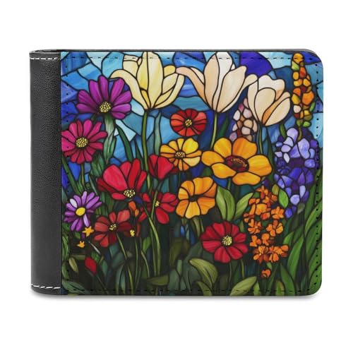 Zweifach faltbare Geldbörse aus weichem PU-Leder mit Wildblumenmuster in Buntglasfarbe, Münzbörse, Kreditkartenetui, langlebiger Kartenhalter, schmale Brieftasche zur Geldaufbewahrung für Männer und F von Anceky