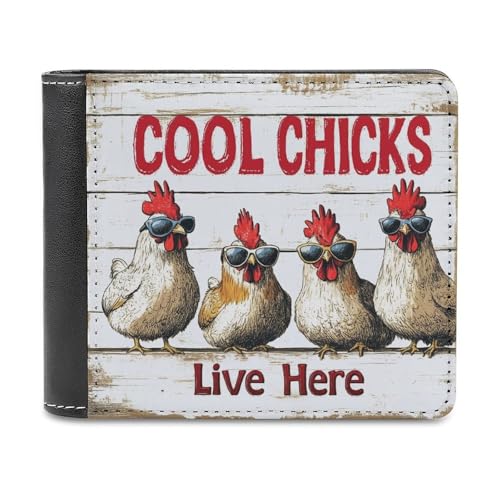 Zweifach faltbare Geldbörse aus weichem PU-Leder mit vier Hühnern und Sonnenbrille, Münzbörse, Kreditkartenetui, langlebiger Kartenhalter, schmale Brieftasche zur Geldaufbewahrung für Männer und Fraue von Anceky