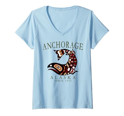Damen Anchorage Alaska Tribal Art Lachs Since 1915 Olive Letters T-Shirt mit V-Ausschnitt von Anchorage Alaska Tribal Salmon Fishing Souvenir