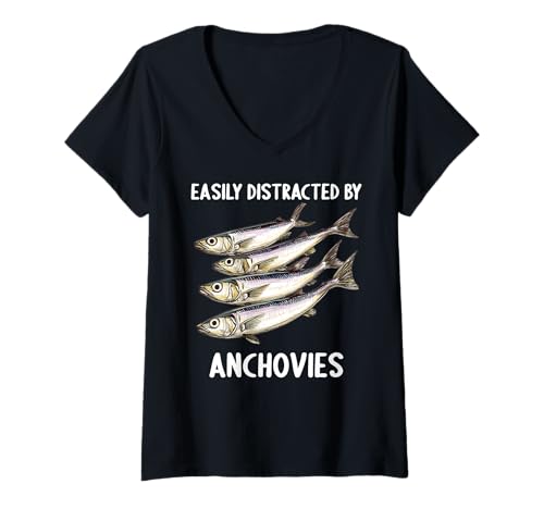 Damen Easily Distracted by Anchovies Sardelle T-Shirt mit V-Ausschnitt Damen Easily Distracted by Anchovies Sardelle T-Shirt mit V-Ausschnitt von Anchovies Sardelle Tier Shop