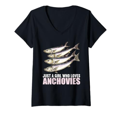 Damen Just a Girl who Loves Anchovies Sardelle T-Shirt mit V-Ausschnitt Damen Just a Girl who Loves Anchovies Sardelle T-Shirt mit V-Ausschnitt von Anchovies Sardelle Tier Shop