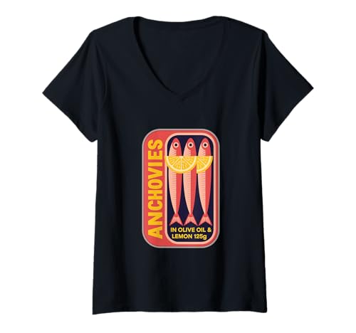 Damen Sardellen in Olivenöl und Zitronendose Fisch-Sardellen T-Shirt mit V-Ausschnitt Damen Sardellen in Olivenöl und Zitronendose Fisch-Sardellen T-Shirt mit V-Ausschnitt von Anchovy Fish Designs