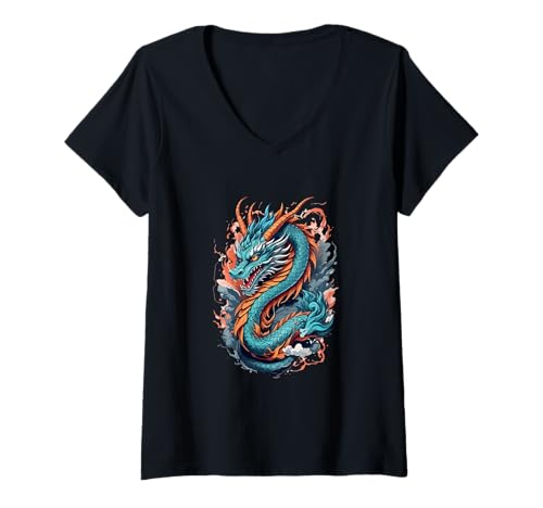 Damen Drachenkunst mit feuriger Aura und mythischen Schuppen T-Shirt mit V-Ausschnitt von Ancient Asia Dragons