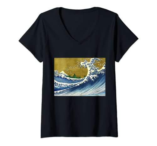 Damen The Big Wave T-Shirt mit einzigartigem Grafikdesign für Artistic Japan T-Shirt mit V-Ausschnitt Damen The Big Wave T-Shirt mit einzigartigem Grafikdesign für Artistic Japan T-Shirt mit V-Ausschnitt von Ancient Classic Japan Art