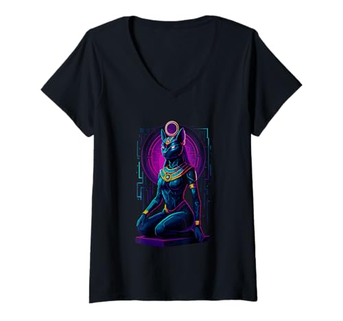 Damen Futuristische Cyberpunk Bastet Ägyptische Katzengöttin T-Shirt mit V-Ausschnitt Damen Futuristische Cyberpunk Bastet Ägyptische Katzengöttin T-Shirt mit V-Ausschnitt von Ancient Egypt Goddess Bastet Egyptian Mythology
