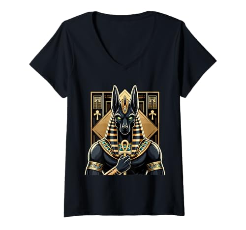 Damen Anubis altägyptische Hieroglyphen Ägypten Pharao Anpu T-Shirt mit V-Ausschnitt Damen Anubis altägyptische Hieroglyphen Ägypten Pharao Anpu T-Shirt mit V-Ausschnitt von Ancient Egypt History Civilization Culture