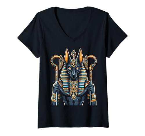 Damen Anubis altägyptische Hieroglyphen Ägypten Pharao Anpu T-Shirt mit V-Ausschnitt Damen Anubis altägyptische Hieroglyphen Ägypten Pharao Anpu T-Shirt mit V-Ausschnitt von Ancient Egypt History Civilization Culture