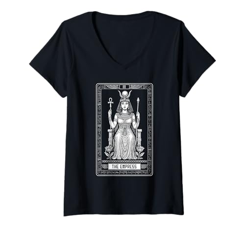 Damen Tarotkarte Die Kaiserin Kleopatra Hieroglyphen Ägyptisch T-Shirt mit V-Ausschnitt Damen Tarotkarte Die Kaiserin Kleopatra Hieroglyphen Ägyptisch T-Shirt mit V-Ausschnitt von Ancient Egypt Tarot Arcana Card Egyptology Symbols