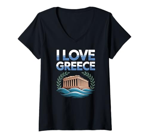 Damen Ich Liebe Griechenland Parthenon Waves Travel T-Shirt mit V-Ausschnitt Damen Ich Liebe Griechenland Parthenon Waves Travel T-Shirt mit V-Ausschnitt von Ancient Greece Heritage Parthenon Travel