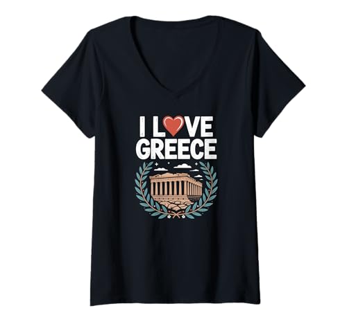 Damen Ich Liebe Griechenland Parthenon Olive Branch Charm T-Shirt mit V-Ausschnitt von Ancient Greek Heritage Travel Vibes
