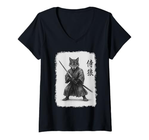 Damen Samurai Wolf Vintage Ukiyo-e Warrior Kunstwerk Grafik Kunst T-Shirt mit V-Ausschnitt Damen Samurai Wolf Vintage Ukiyo-e Warrior Kunstwerk Grafik Kunst T-Shirt mit V-Ausschnitt von Ancient Japanese Samurai Wolf Graphic Apparel Co.