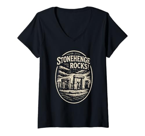 Damen Lustige Stonehenge Rocks Folk Art Linolschnitt-Grafik T-Shirt mit V-Ausschnitt von Ancient Landmarks Retro Rock Humor Apparel