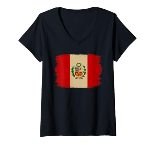 Damen Grunge Peru Flagge Distressed Peruanische Pinselstrich Flagge T-Shirt mit V-Ausschnitt von Ancient Peru Flag Designs Proud Peruvian Roots
