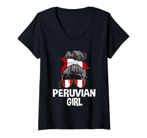 Damen Peruanische Mädchen Unordentliche Haarknoten Patriotische Frau Peru Sonnenbrille T-Shirt mit V-Ausschnitt von Ancient Peru Flag Designs Proud Peruvian Roots