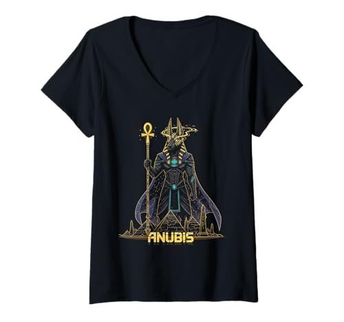 Damen Anubis Gott König Pharao von Ägypten Grafikdesign Illustration T-Shirt mit V-Ausschnitt Damen Anubis Gott König Pharao von Ägypten Grafikdesign Illustration T-Shirt mit V-Ausschnitt von Ancient Pharaoh