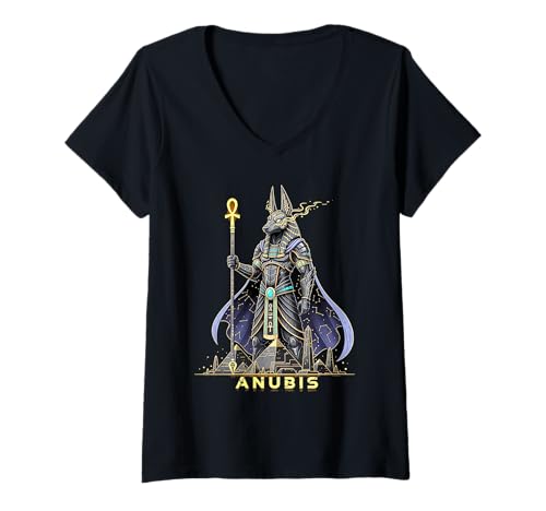 Damen Anubis Gott König Pharao von Ägypten Grafikdesign Illustration T-Shirt mit V-Ausschnitt Damen Anubis Gott König Pharao von Ägypten Grafikdesign Illustration T-Shirt mit V-Ausschnitt von Ancient Pharaoh