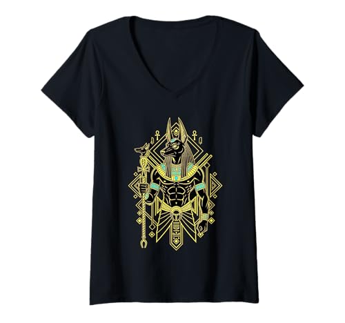 Damen Anubis Pharao Gott König von Ägypten Geometrisches Muster Grafik T-Shirt mit V-Ausschnitt Damen Anubis Pharao Gott König von Ägypten Geometrisches Muster Grafik T-Shirt mit V-Ausschnitt von Ancient Pharaoh