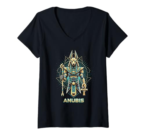 Damen Anubis Pharao Gott König von Ägypten Grafikdesign T-Shirt mit V-Ausschnitt Damen Anubis Pharao Gott König von Ägypten Grafikdesign T-Shirt mit V-Ausschnitt von Ancient Pharaoh