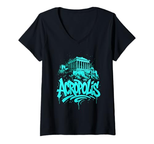 Damen Akropolis Griechenland Graffiti Wahrzeichen Kunst T-Shirt mit V-Ausschnitt von Ancient Street