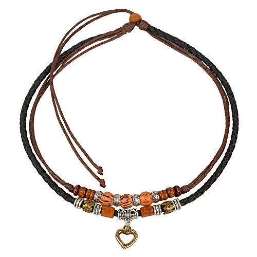 Ancient Tribe Boho Doppelband-Choker mit Herzanhänger in Goldoptik, Holz- & Metallperlen, Verstellbare Leder- und Hanfkette für Damen und Herren, 38 cm von Ancient Tribe