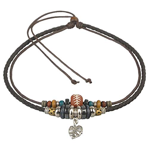 Ancient Tribe Boho Doppelband Choker Halskette mit Blattanhänger, braunes Leder & Hanfseil mit Perlen, verstellbar 37 cm von Ancient Tribe