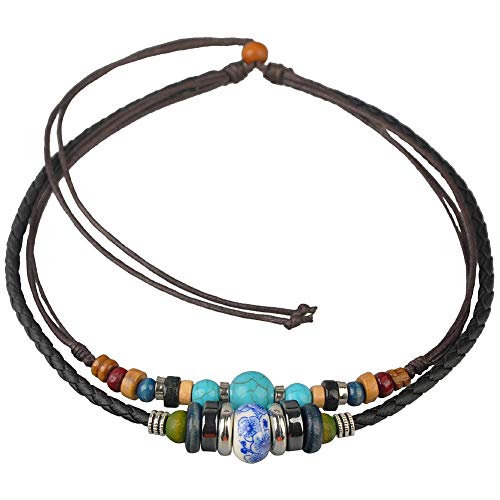 Tribal Halskette – Schwarzes Lederband & Braune Hanfschnur mit Porzellanperle, Holz & Metall – Verstellbar 37 cm Unisex von Ancient Tribe