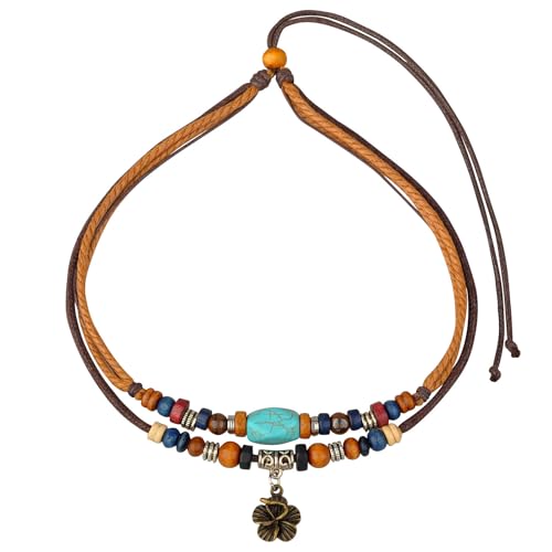 Handgefertigte Jute-Seil-Halskette mit türkisfarbenen Perlen-Akzenten und antikem Bronze-Blumenanhänger von Ancient Tribe